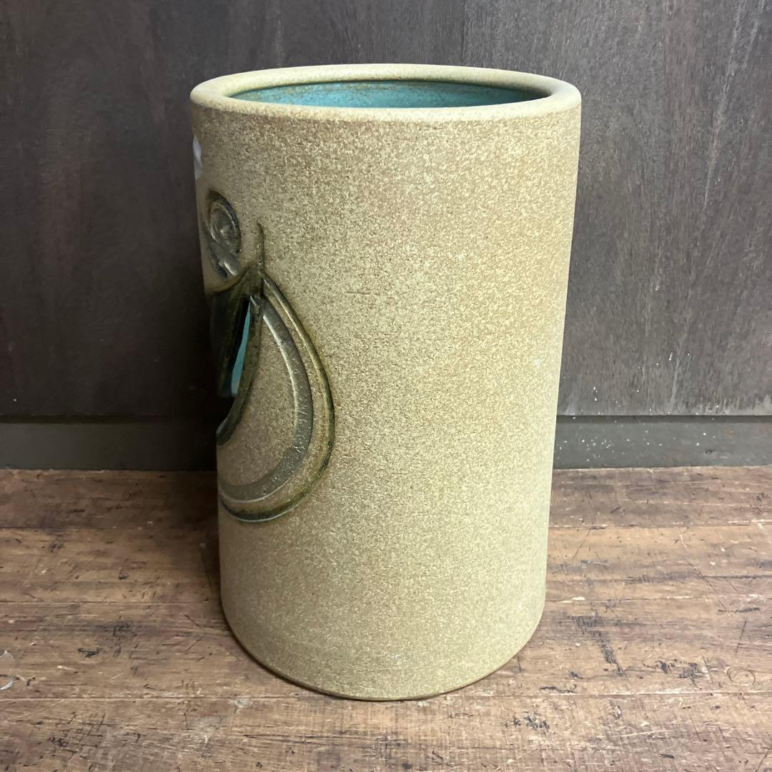 C-5 昭和レトロ 陶器製 傘立て 花柄 浮彫り 和モダン シリンダー型 リーフ