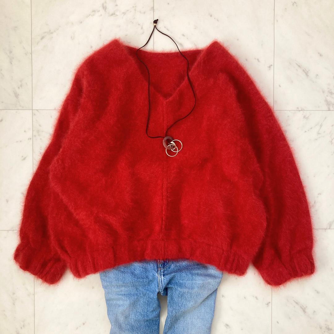 スピックアンドスパン　ラクーンファーVネックニット　トマトレッド