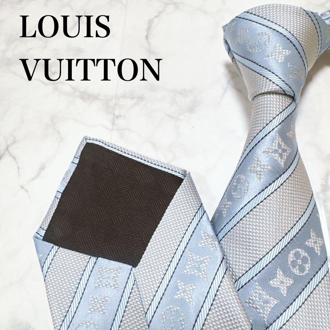 LOUIS VUITTON ライトブルー ネクタイ　モノグラム　レジメンタル