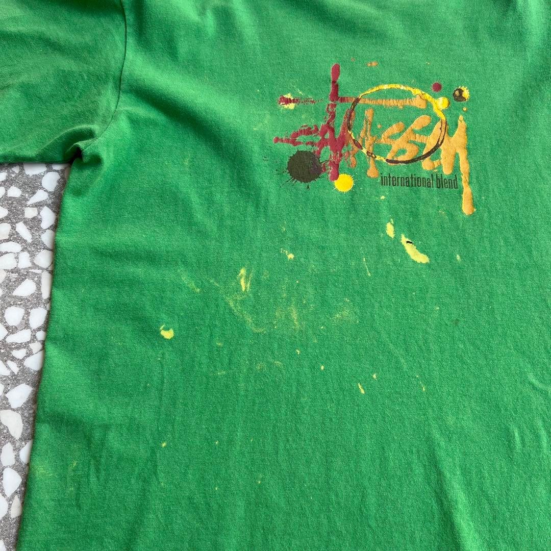 【90年代アメリカ製、ペイントデザイン】stussyストリートTシャツ古着緑M