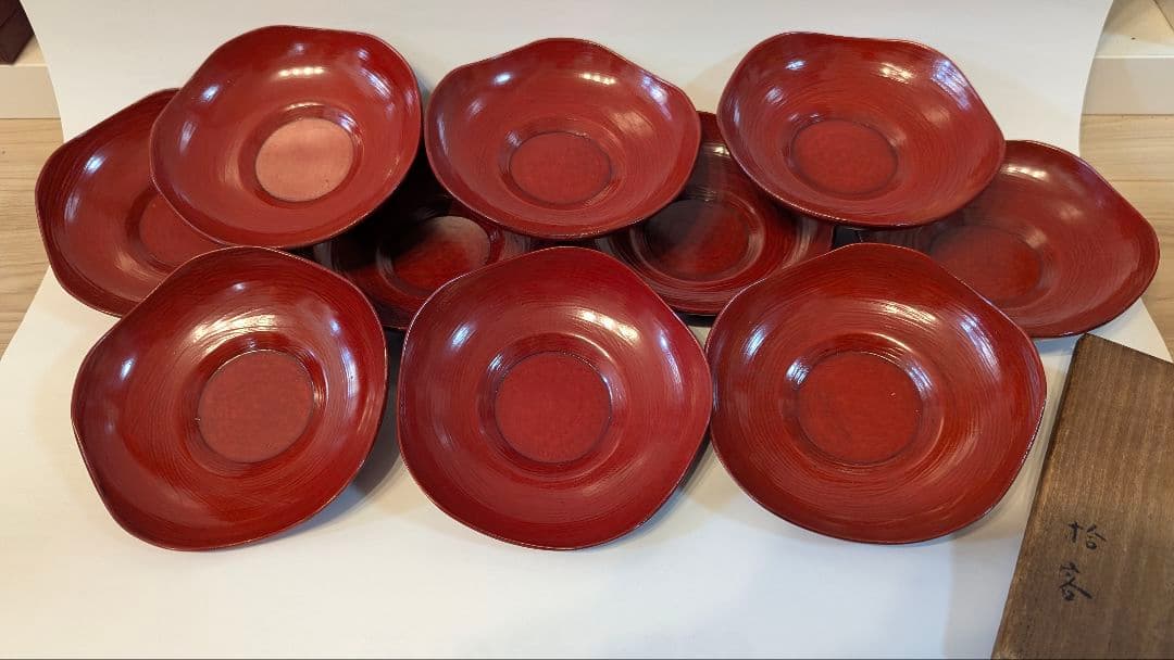 輪花　茶托　骨董　古美術　10客　箱付　漆塗　朱　托子　職人