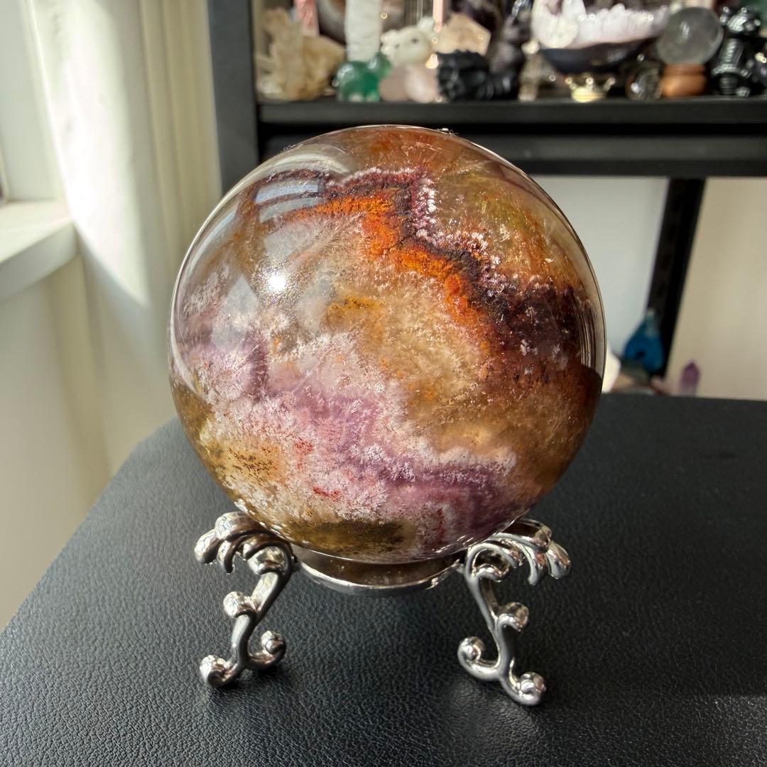 天然石オーラライト共生フローライトのスフィア　丸玉　置物NO.020901