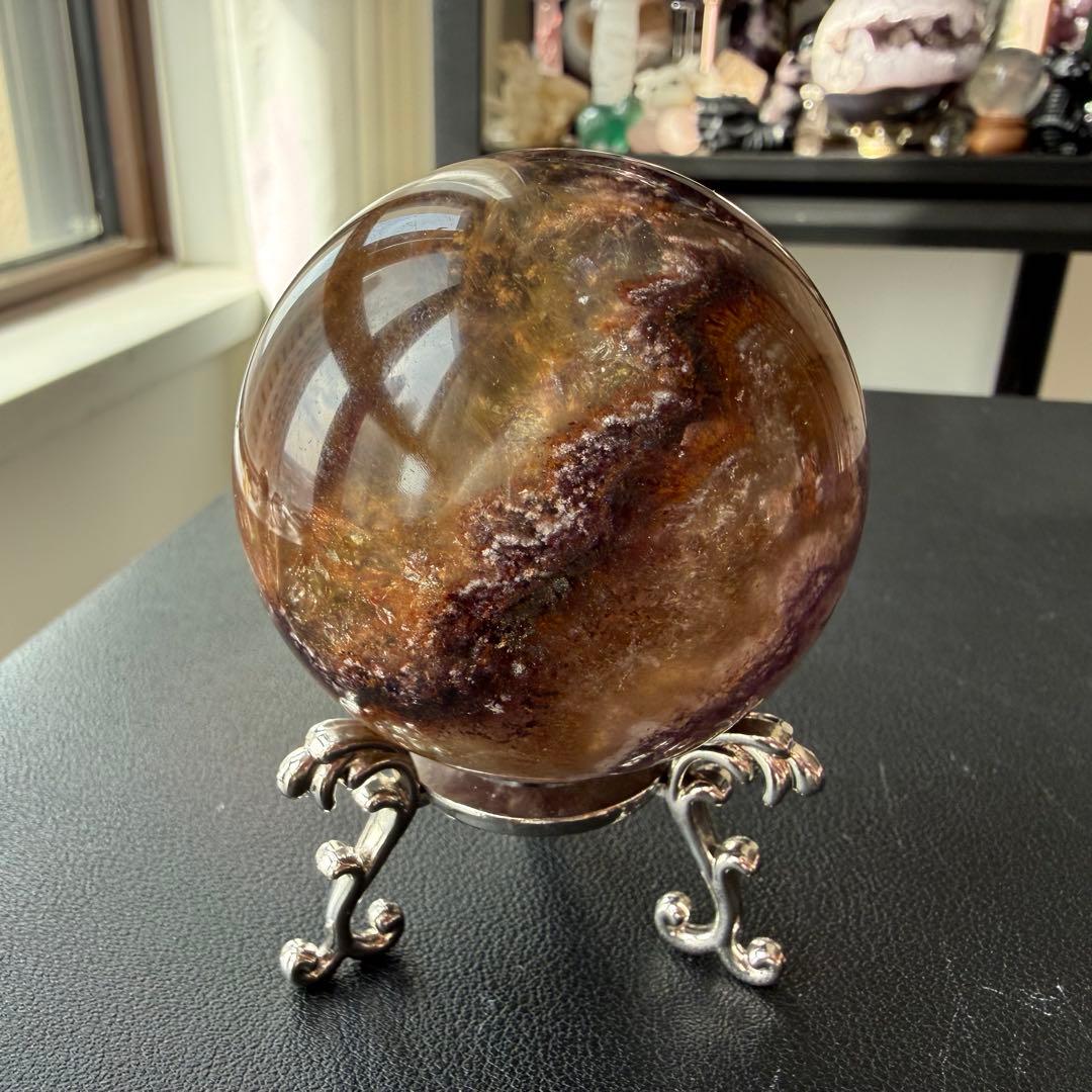 天然石オーラライト共生フローライトのスフィア　丸玉　置物NO.020901