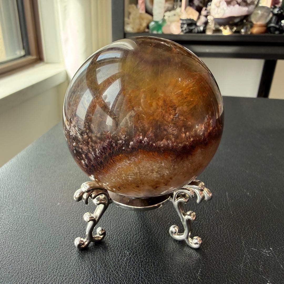 天然石オーラライト共生フローライトのスフィア　丸玉　置物NO.020901