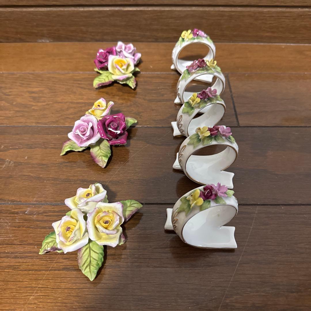 -花柄陶器ナプキンリング 5個セット　シュガーポッド2個