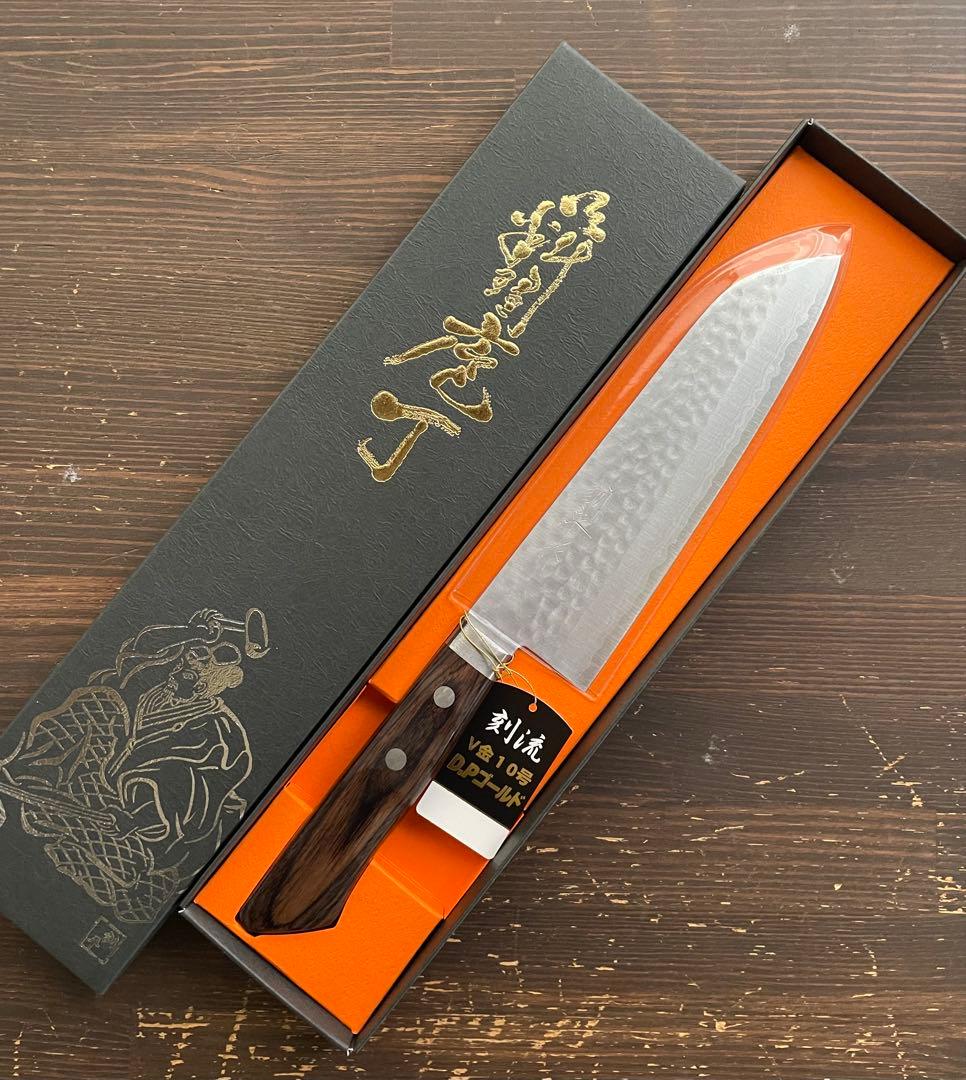 増谷刃物 訓平作 三徳包丁 VG10ステンレス 積層槌目（刻流）口金有 スコッチ