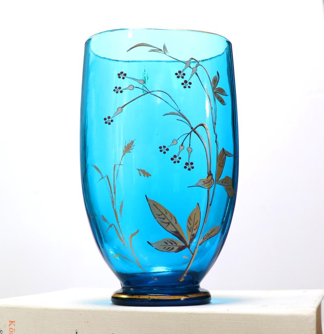 オールド・バカラ 初期 ジャポニスム 1878年頃 金彩エナメルブルーガラス花瓶