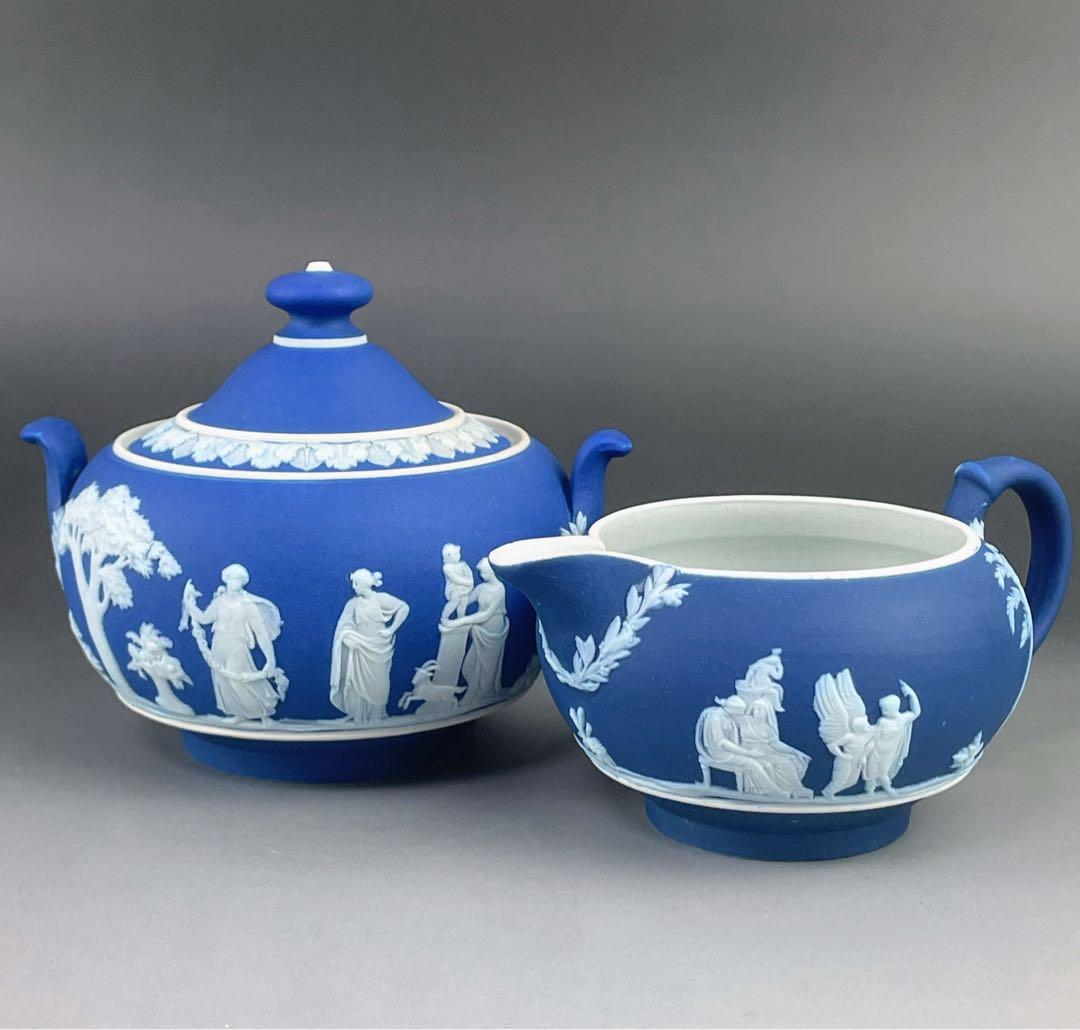 希少 アンティーク ウェッジウッド ジャスパーウェア シュガーボウル クリーマー