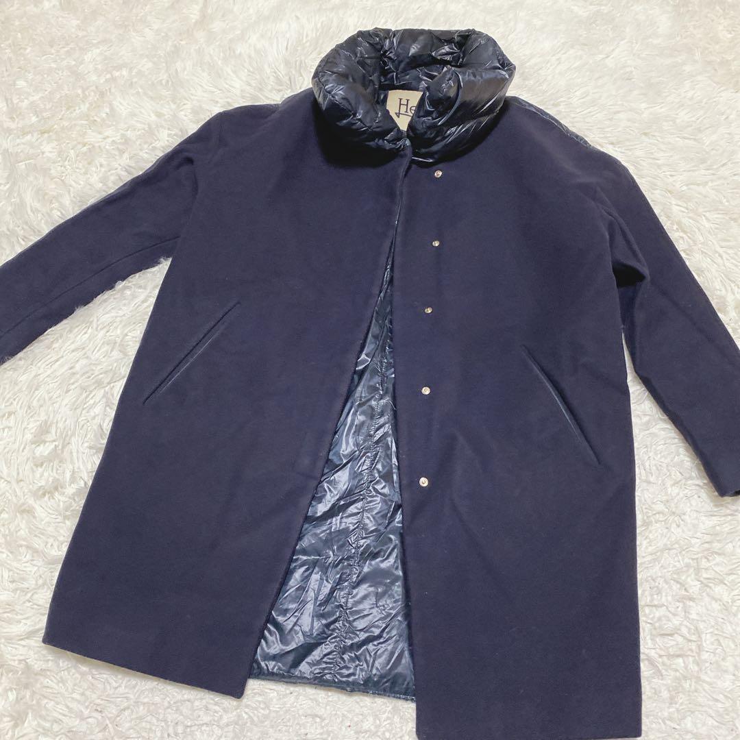a2077【ヘルノ】異素材ドッキング 切り替え ダウンジャケット ネイビー 42