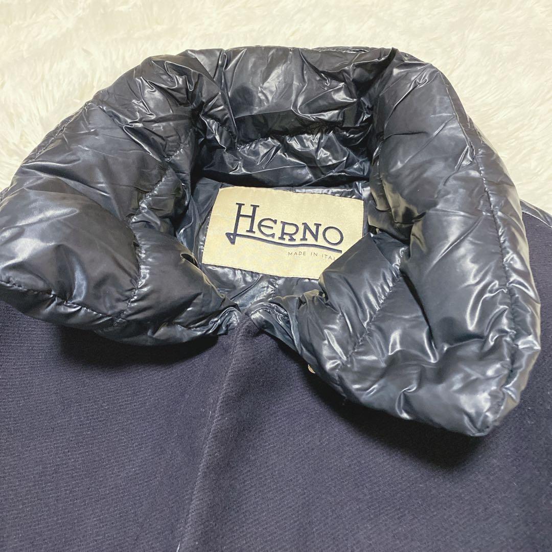 a2077【ヘルノ】異素材ドッキング 切り替え ダウンジャケット ネイビー 42
