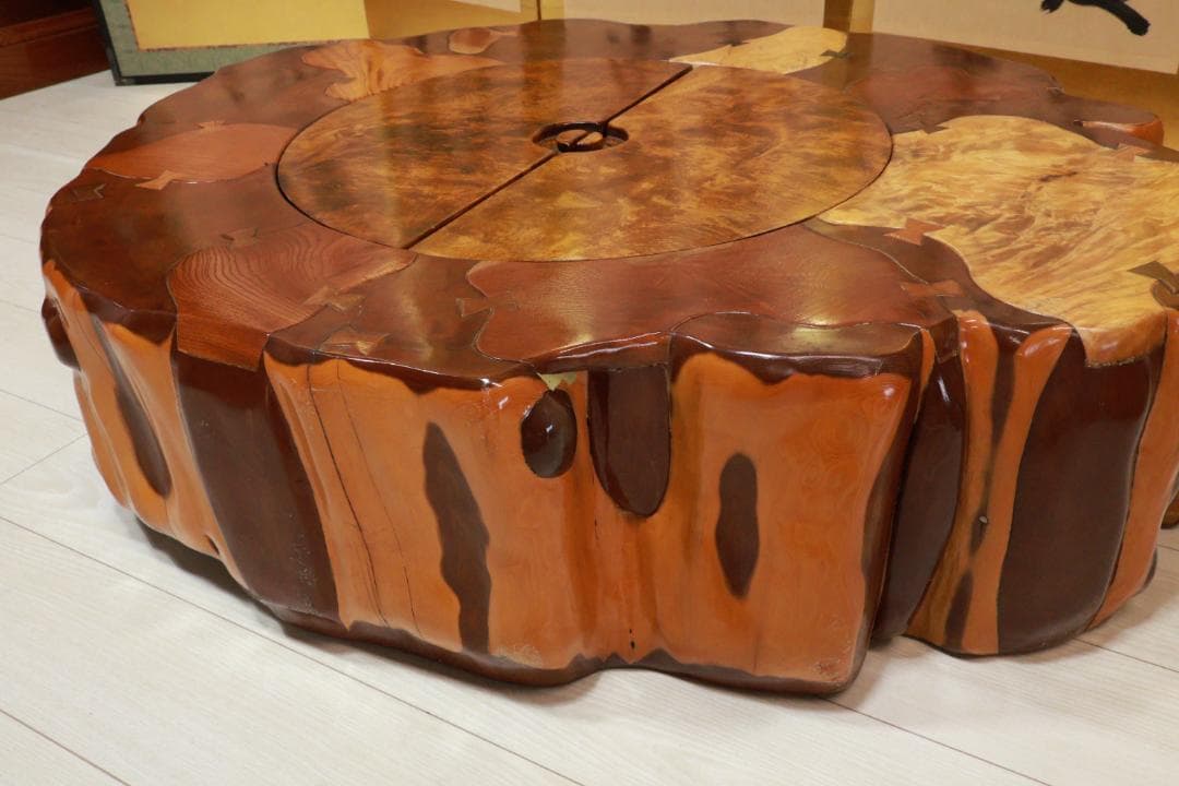 時代家具　木製　象嵌　刳り貫き　火鉢　大型　手炙り　蓋付　民芸品　BE951