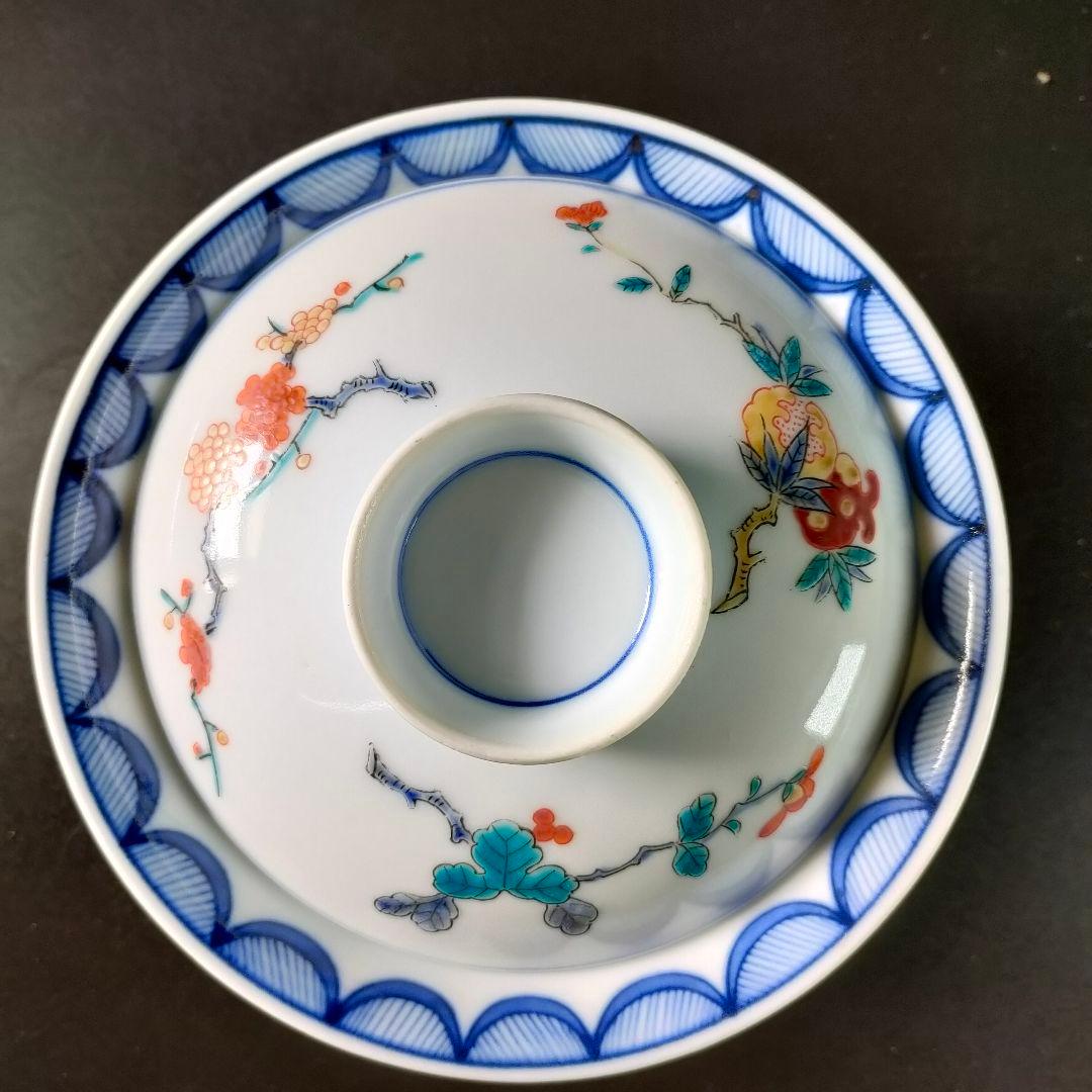 C19-2/呉福作/染錦柘榴梅菊画蓋物丼5客組/共箱/蓋付/茶碗/懐石料理