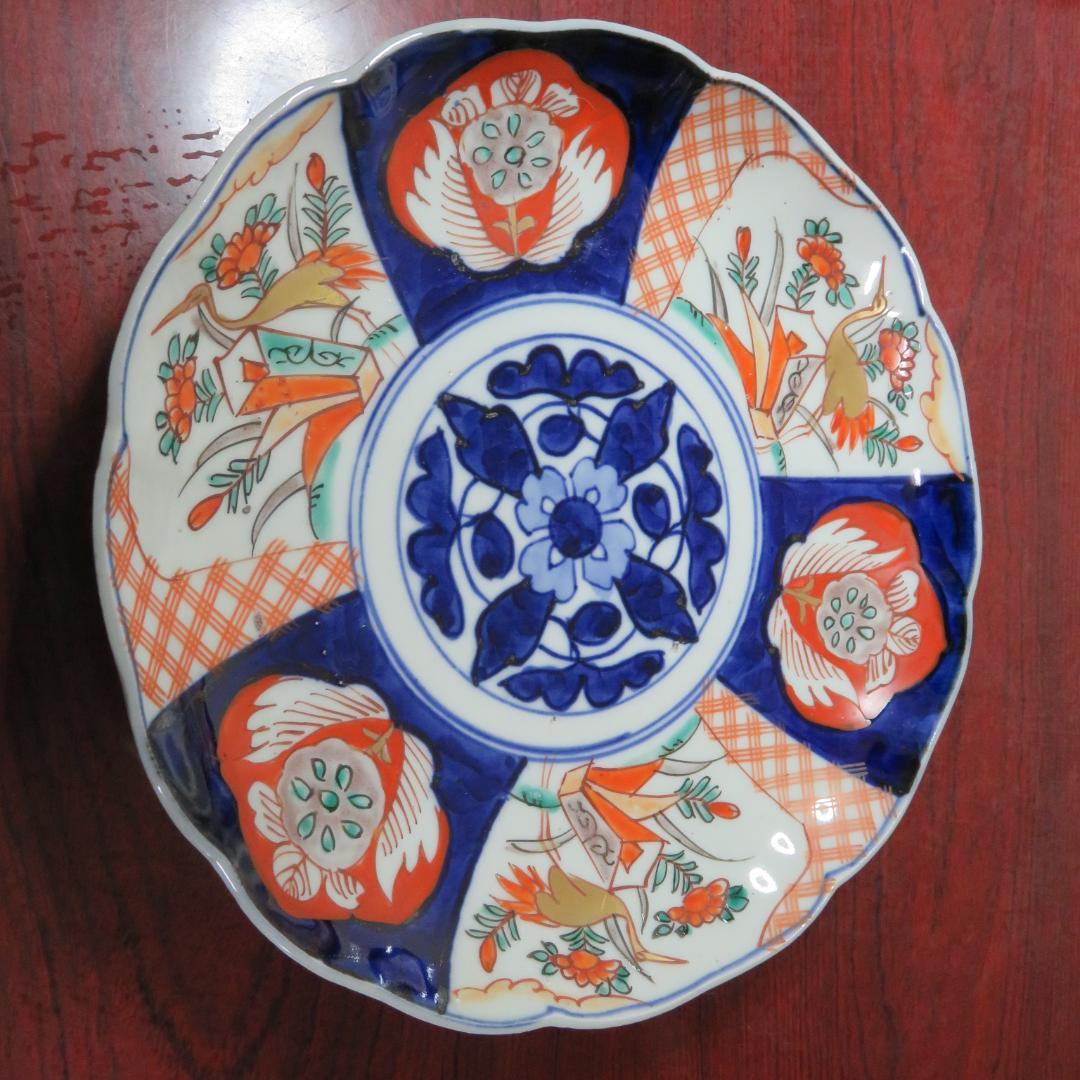 中皿 5枚 色絵付 染付 古伊万里 椿 牡丹 鶴 花文 江戸時代