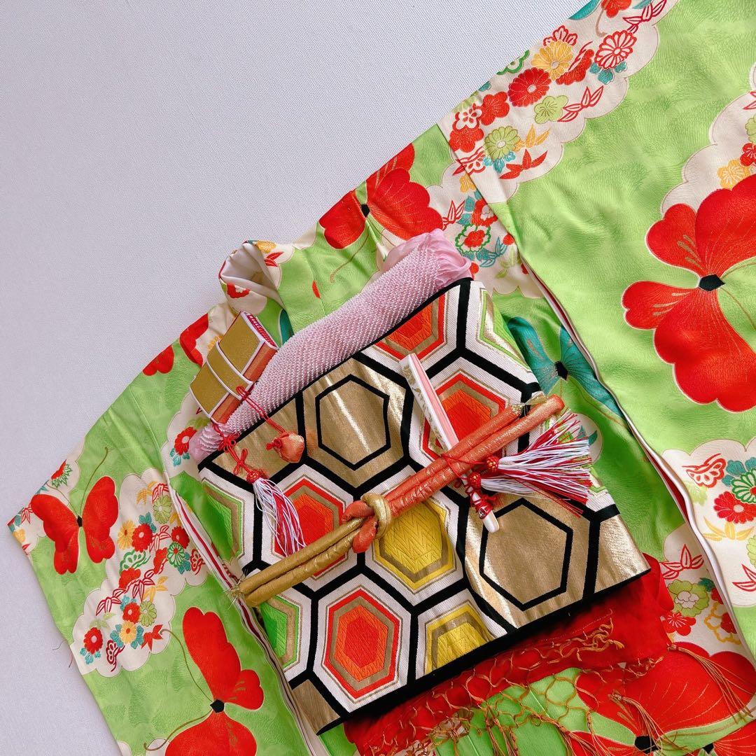 フルセット　七五三７歳女の子　昭和レトロ　着物＆帯＆長襦袢＆小物　緑　蝶