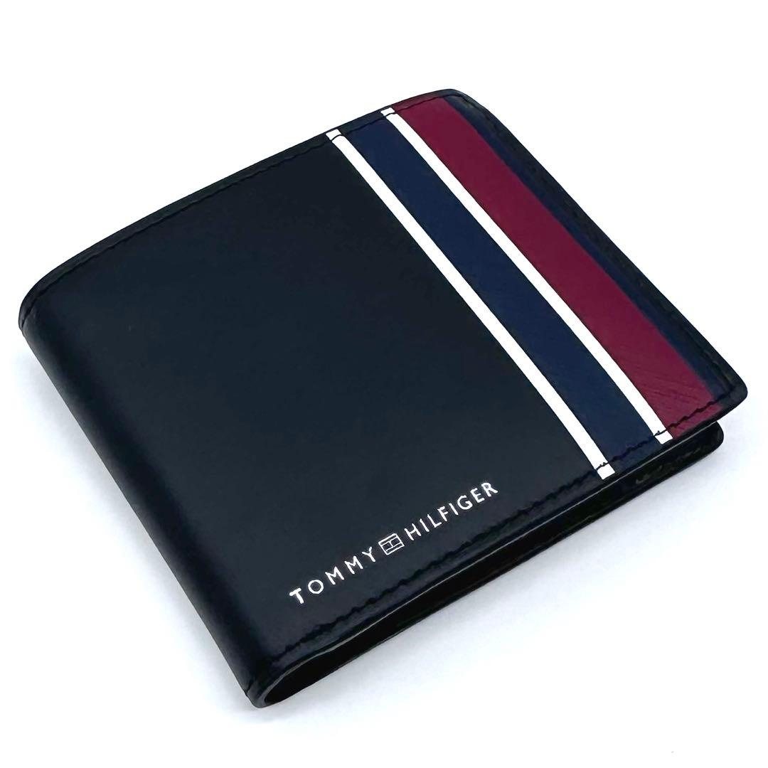 未使用✨トミーヒルフィガー 2つ折り財布 ウォレット ブラック ストライプ 牛革