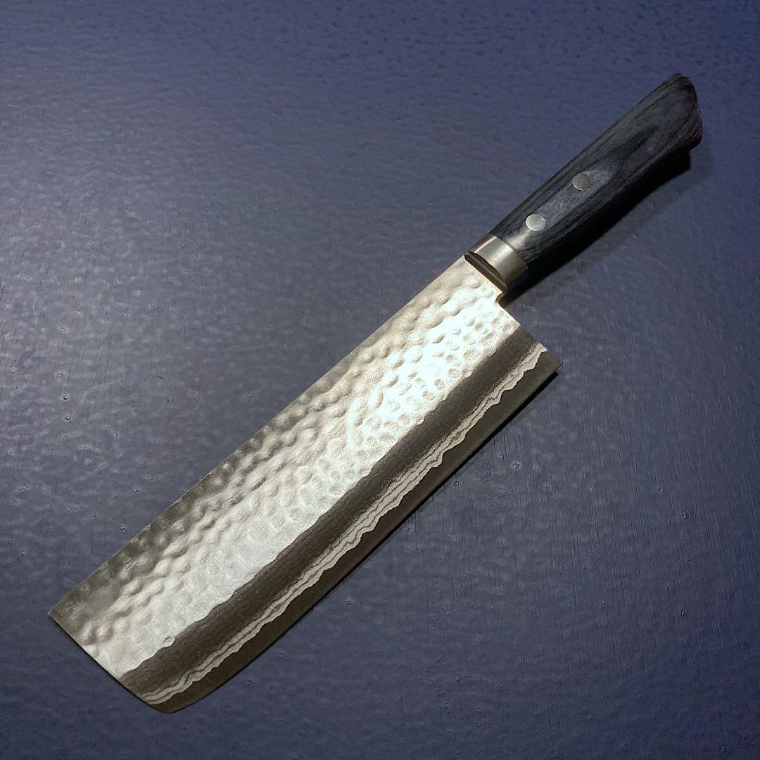 訓平作　菜切　包丁　165mm V金10号　槌目ダマスカス　紺柄　越前打刃物