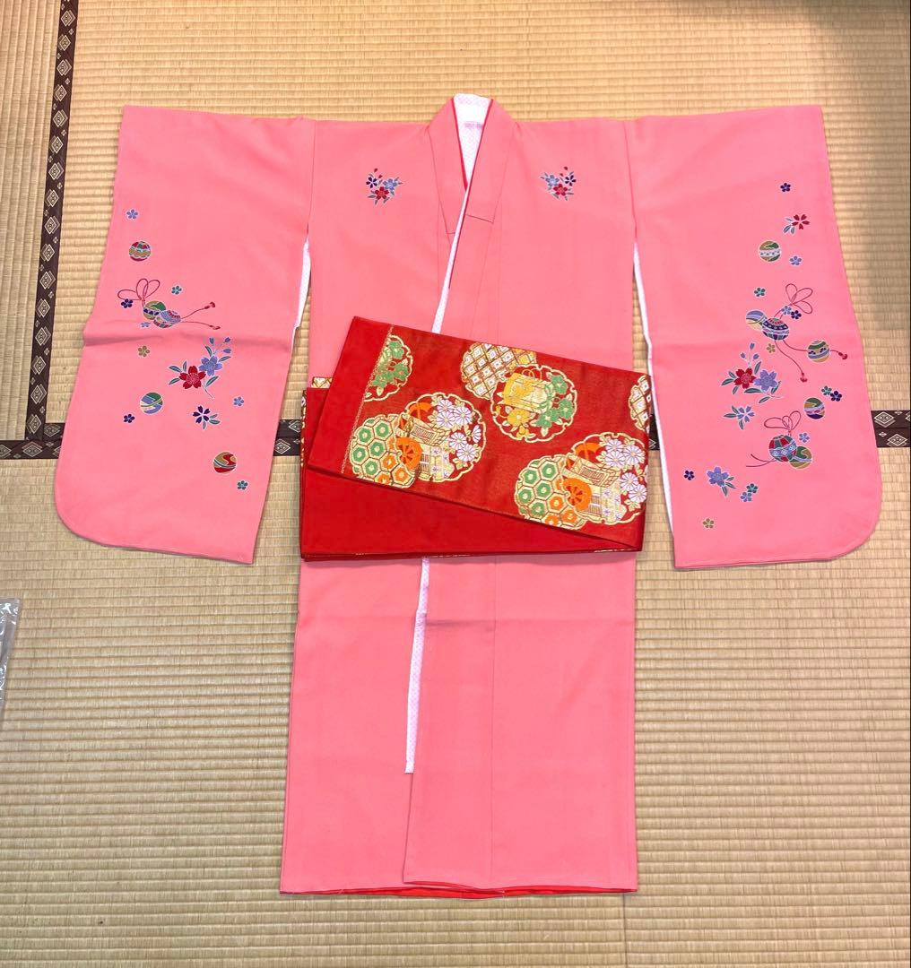 七五三用着物 ピンク 花柄刺繍 帯付き 七歳