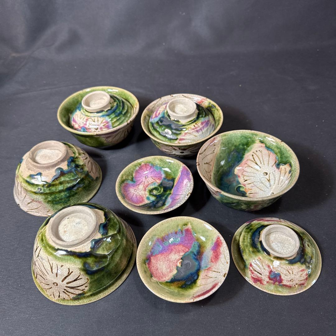 J07 送料無料　織部焼　蓋茶碗5客セット　懐石　茶道具　工芸品　木箱　在銘