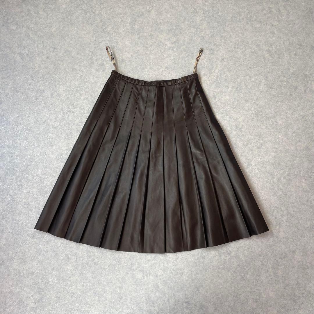上質 バーバリー ロンドン ラムレザー プリーツスカート ダークブラウン UK6