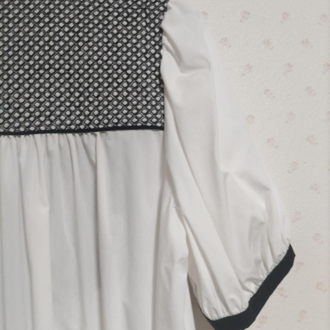 【新品未使用】白黒エンブロイダリーコンビショートスリーブブラウス