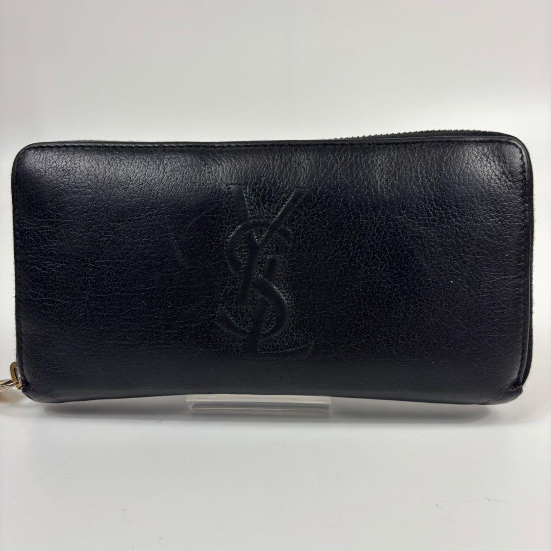 サンローラン YSLロゴ 長財布 ラウンド レザー ブラック 黒 シボ革