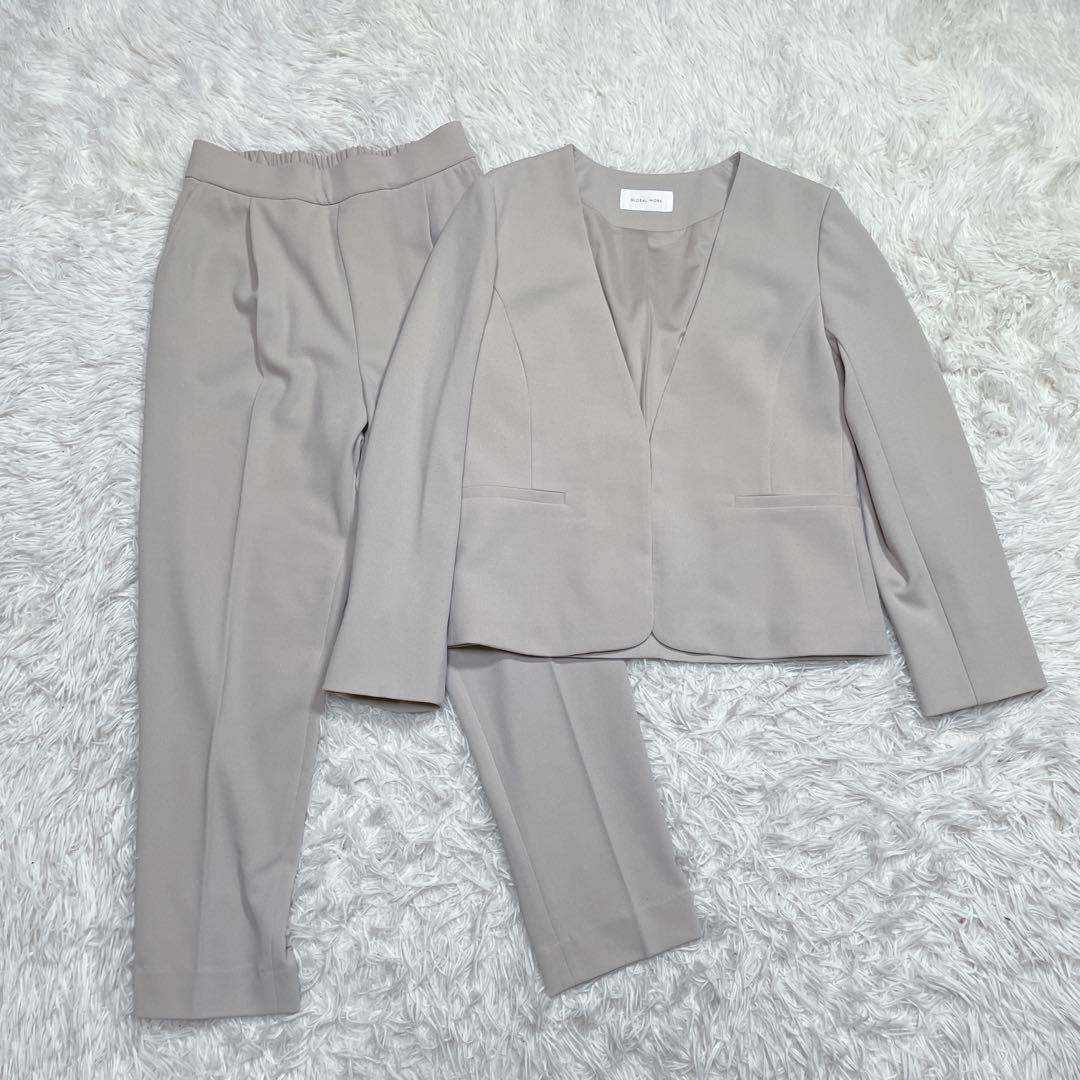 極美品　グローバルワーク　ノーカラー　スーツ　セットアップ　ホワイト　M