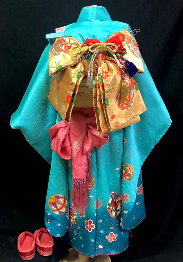 【正絹】 七五三　7歳　絵羽　鞠　折鶴　着物　四つ身　作り帯　セット　女の子