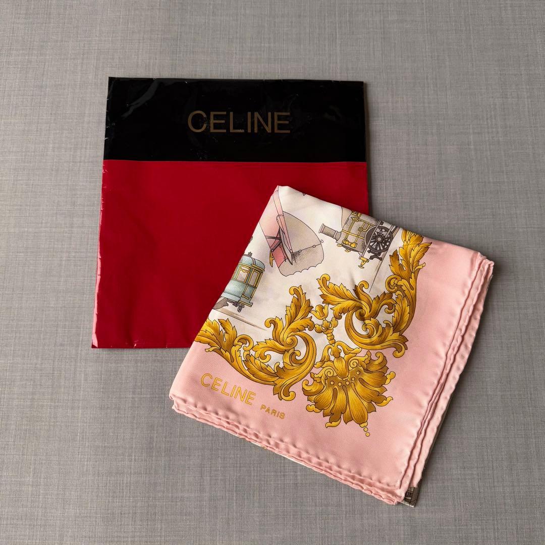未使用 CELINE セリーヌ 大判 シルクスカーフ ピンク