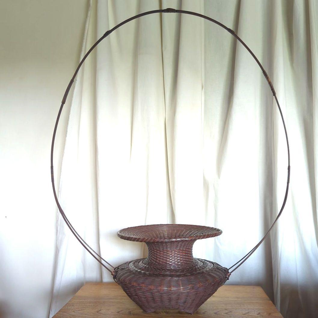 【民藝】虎竹花篭【一竜】在銘【牡丹篭】