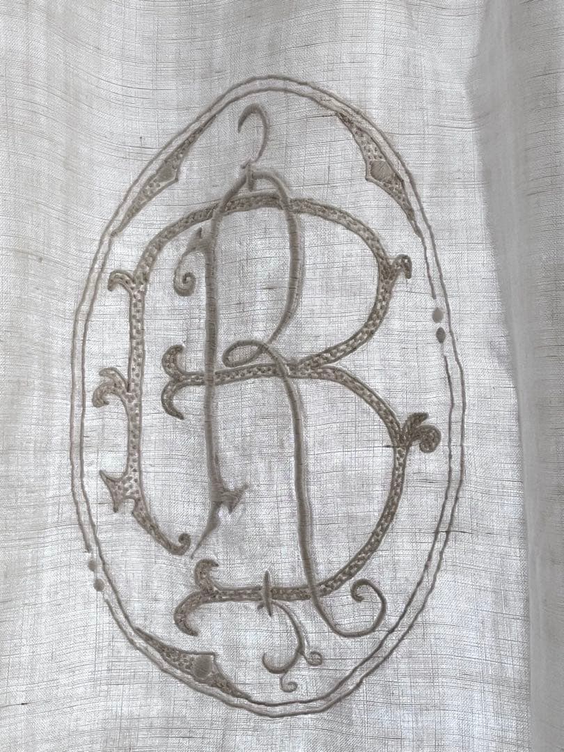 【美品】フランスアンティーク BR手刺繍 ホワイトフリルカフェカーテン 3374