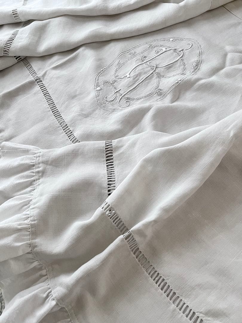 【美品】フランスアンティーク BR手刺繍 ホワイトフリルカフェカーテン 3374