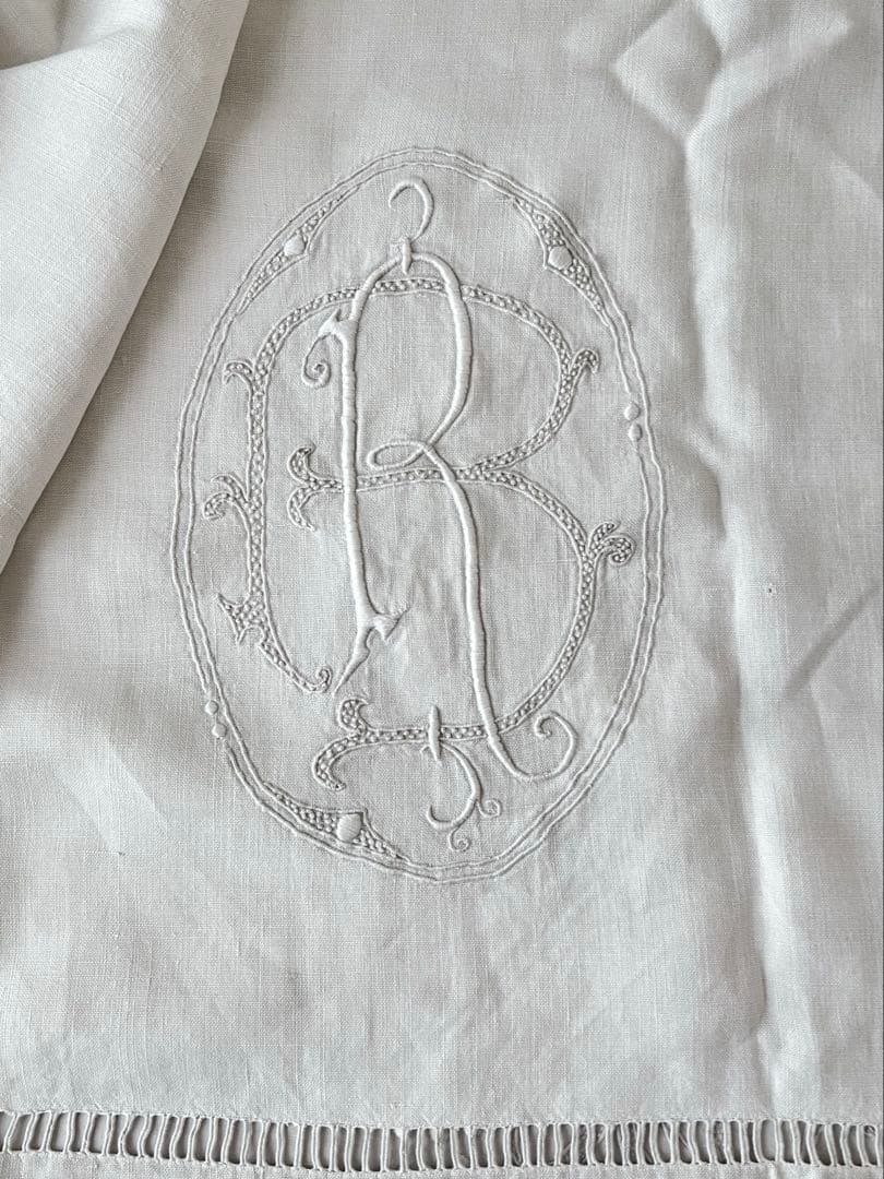 【美品】フランスアンティーク BR手刺繍 ホワイトフリルカフェカーテン 3374