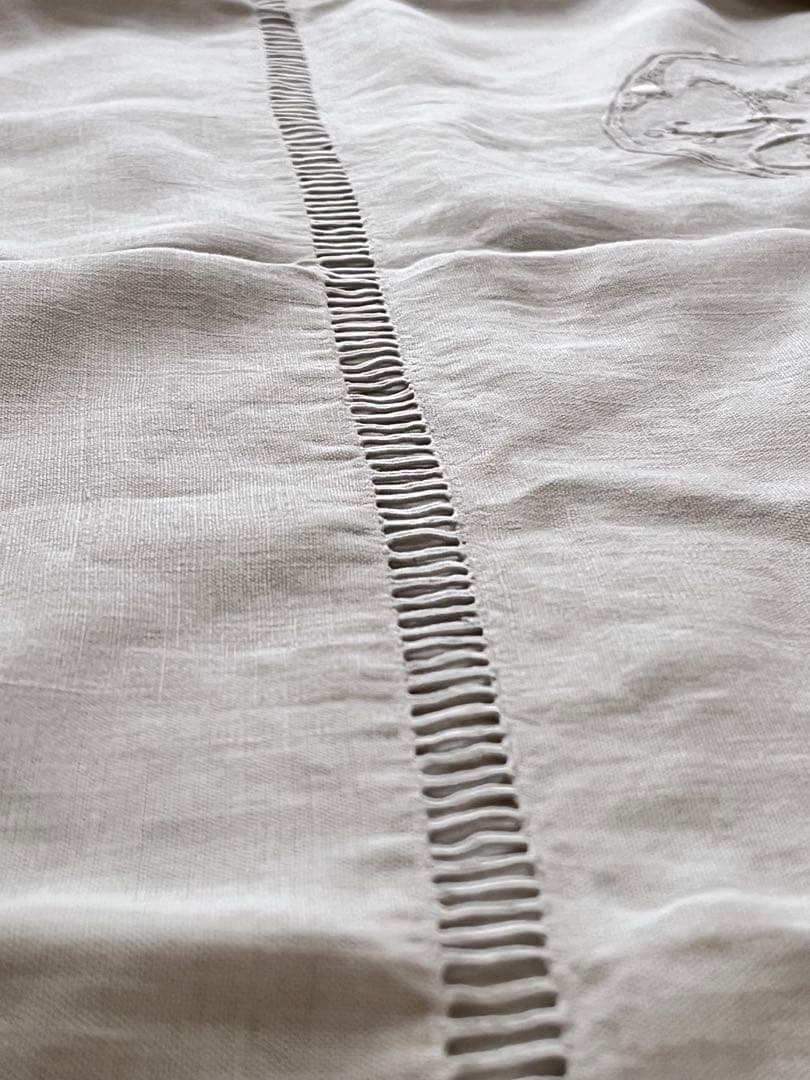 【美品】フランスアンティーク BR手刺繍 ホワイトフリルカフェカーテン 3374