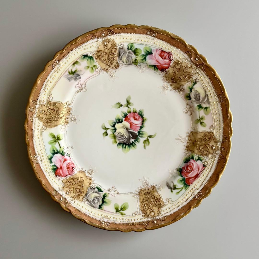 アンティーク　初期オールドノリタケ　金彩＆薔薇　華やかなジュエルプレート⁂稀少品