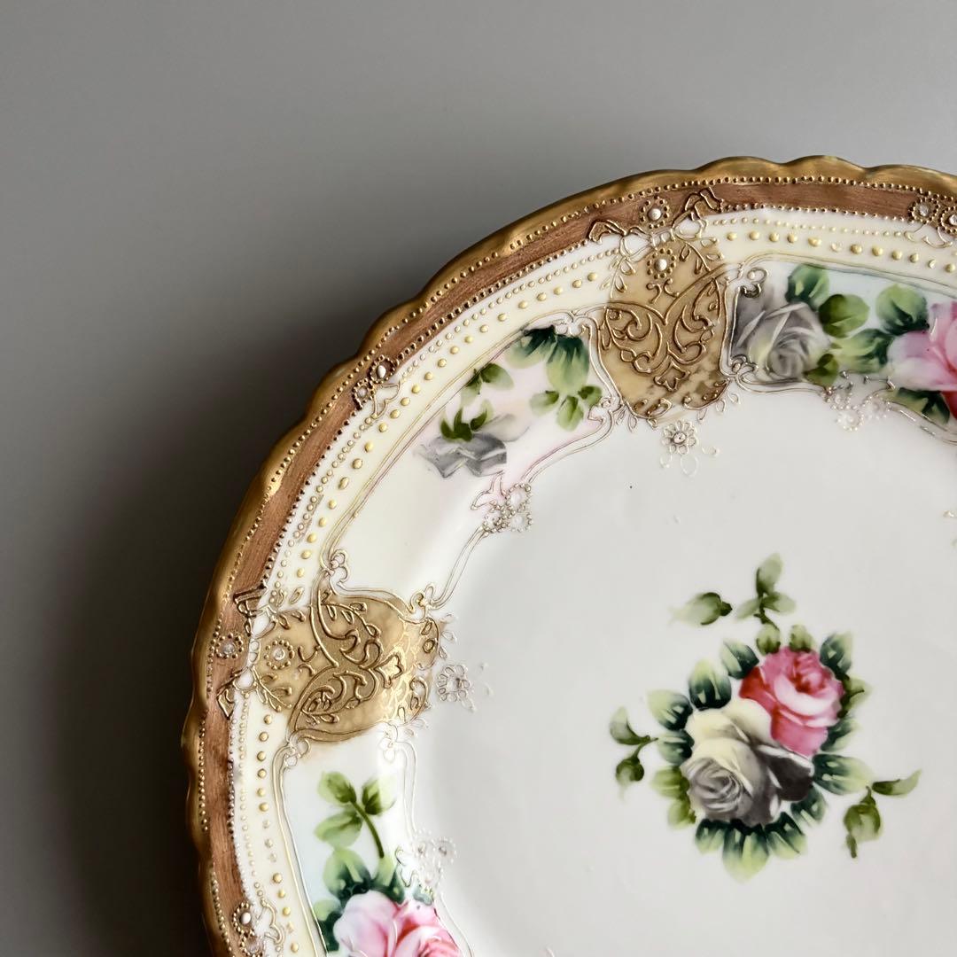 アンティーク　初期オールドノリタケ　金彩＆薔薇　華やかなジュエルプレート⁂稀少品