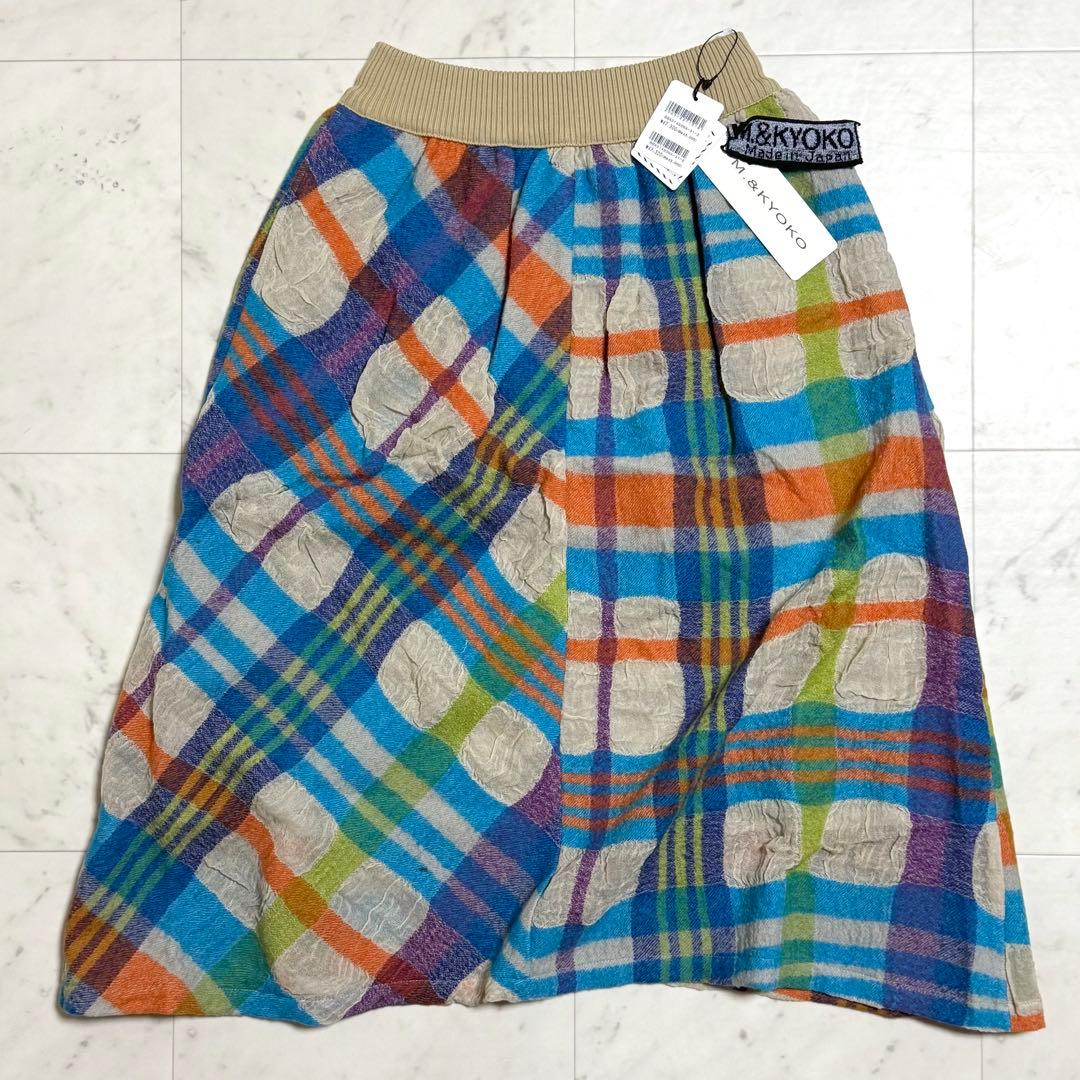 未使用タグ付 M.&KYOKO フレアスカート コットンウールチェック ガーゼ調