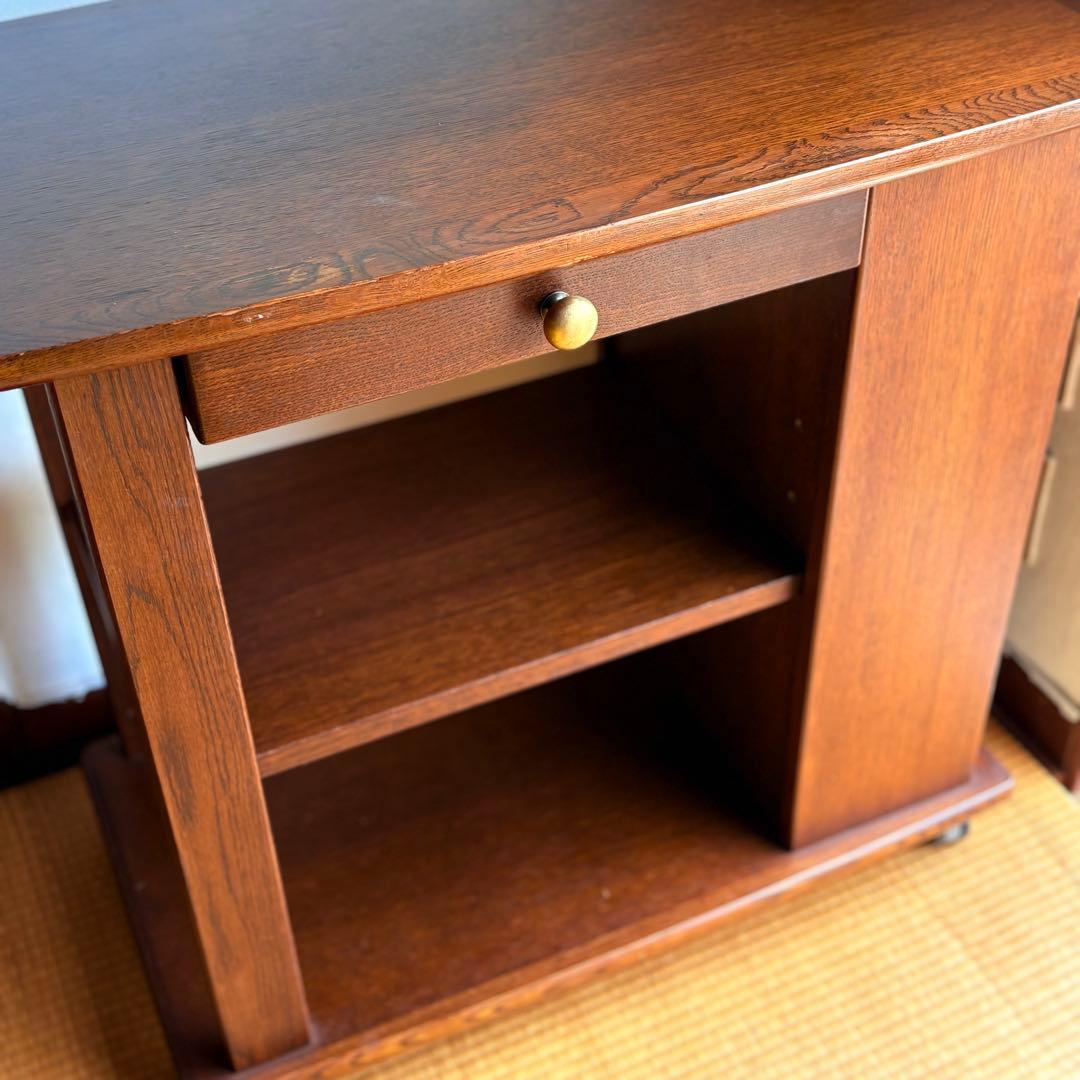 海外 サイドテーブル ワゴン オーク 真鍮取っ手 キャスター付き