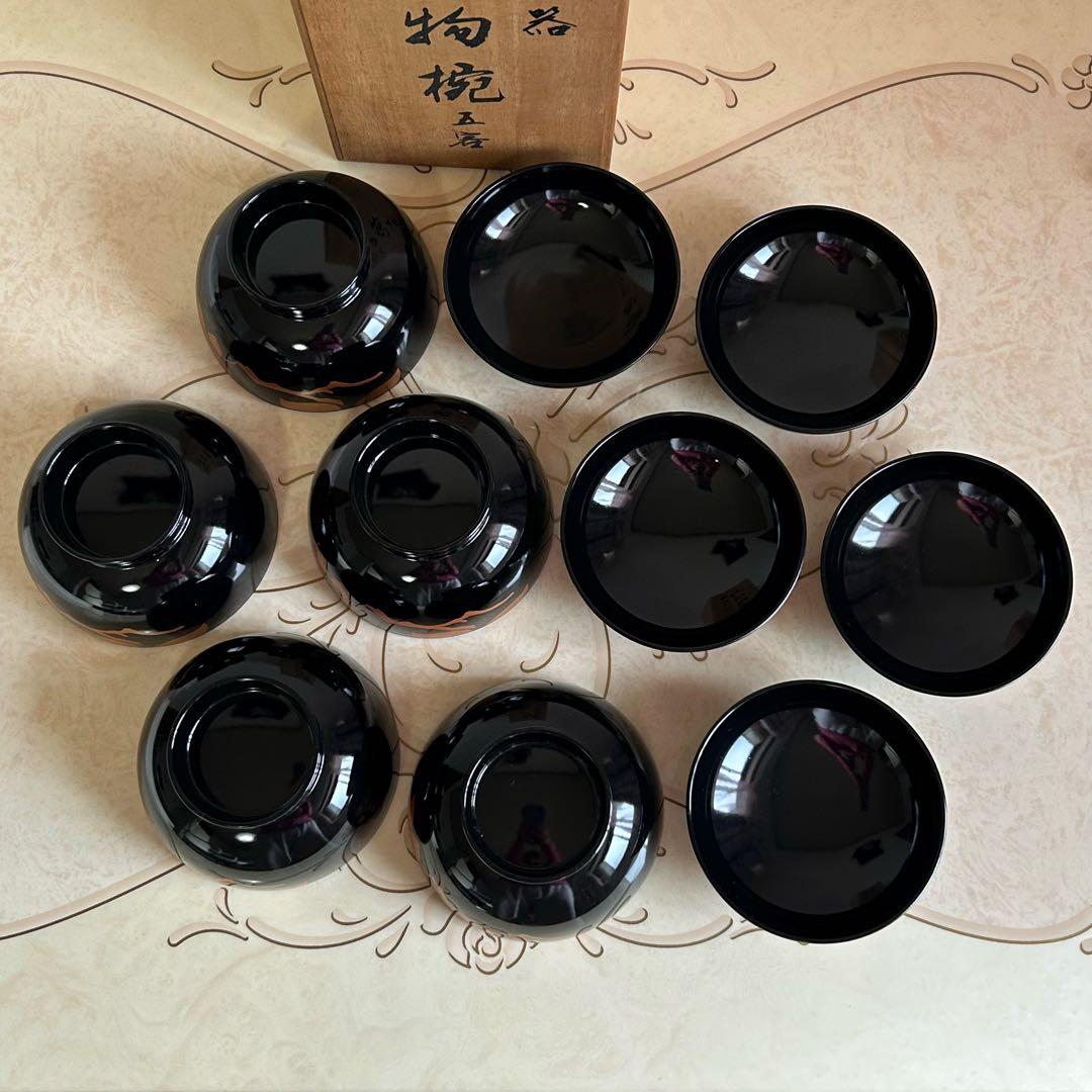 会津塗　特選品　金彩蒔絵牡丹文　蓋付きお吸い物椀 5客セット　お椀　汁椀　雑煮椀