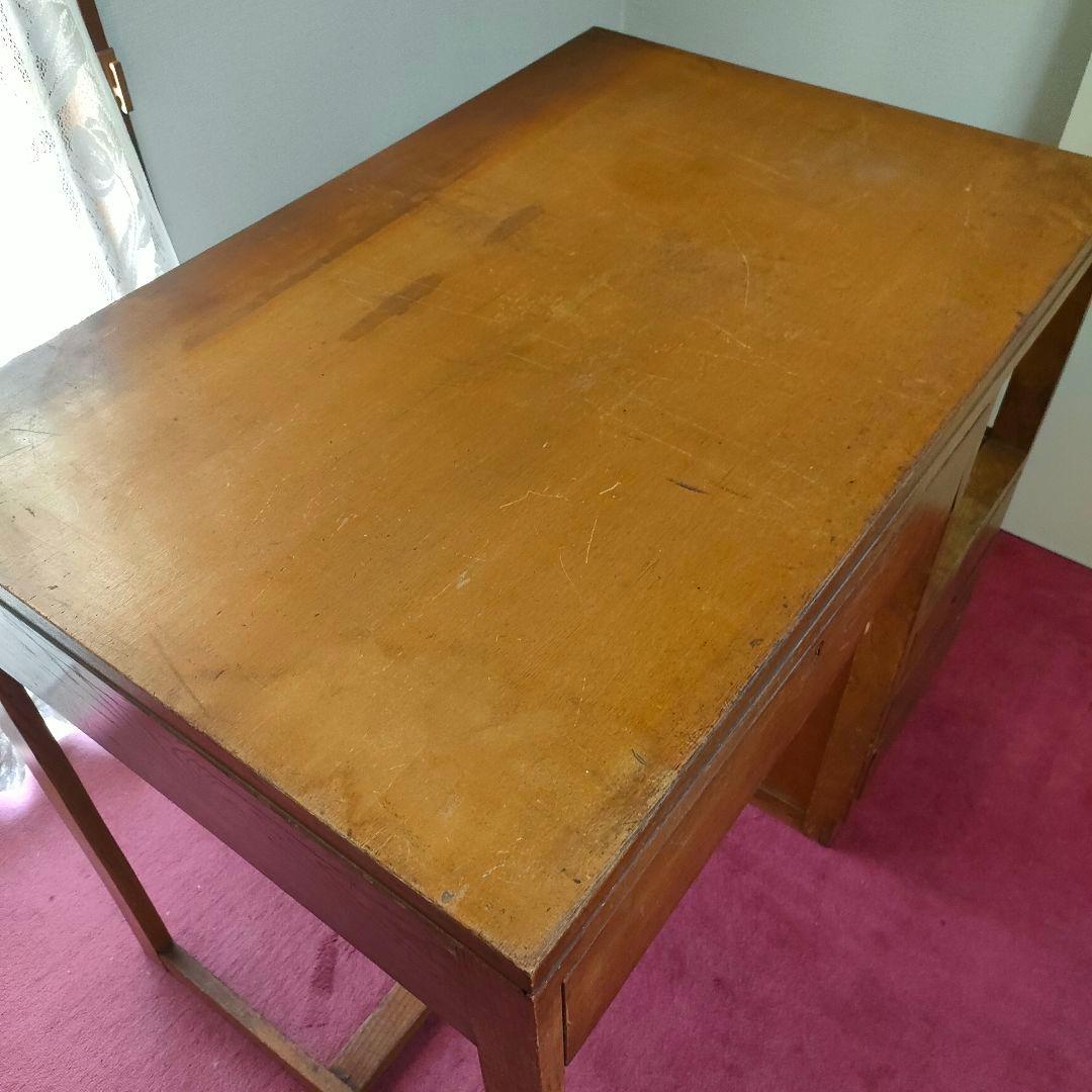 【昭和レトロ】 木製 勉強机 学習机 片袖 4引き出し付き 木製シンプル事務机