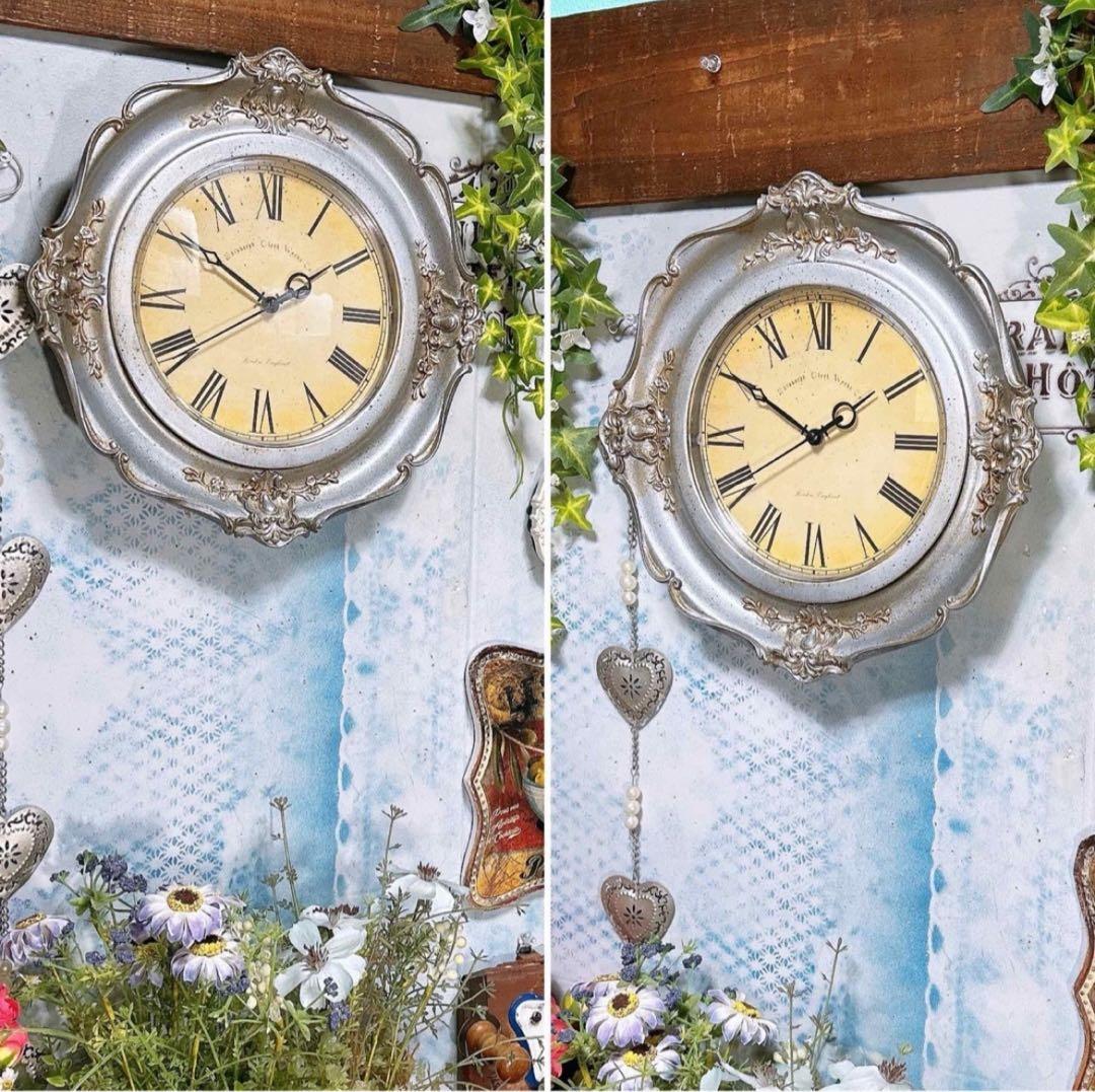 アンティーク雑貨 ロココ調 ウォールクロック（シルバー） 壁掛け時計