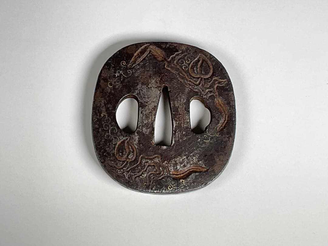 ① 鉄鍔　会津住 正阿弥　金象嵌　在銘　武具　刀剣　江戸期