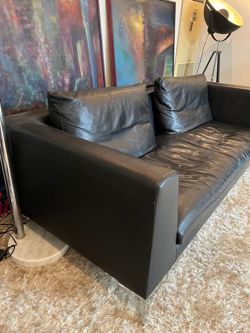 ぽめめ　黒 レザー 3人掛けソファ Charles