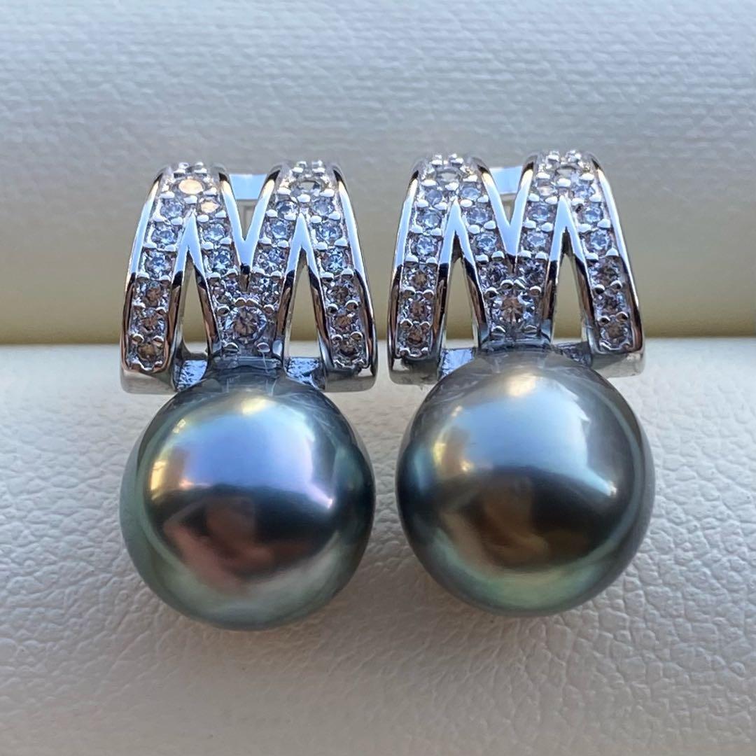 本真珠　南洋黒蝶真珠タヒチパールピアス　9.4mmグリーンP1188