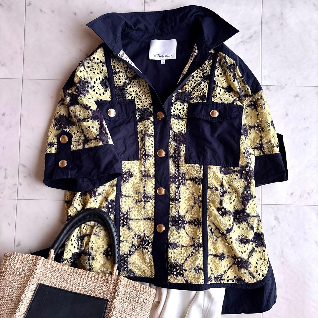 美品 スリーワンフィリップリム 半袖刺繍シースルーシャツブラウス S