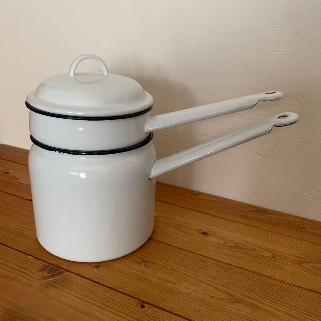 ホーロー蓋付きホワイト二重鍋　ダブルボイラー　アンティーク　カントリー雑貨