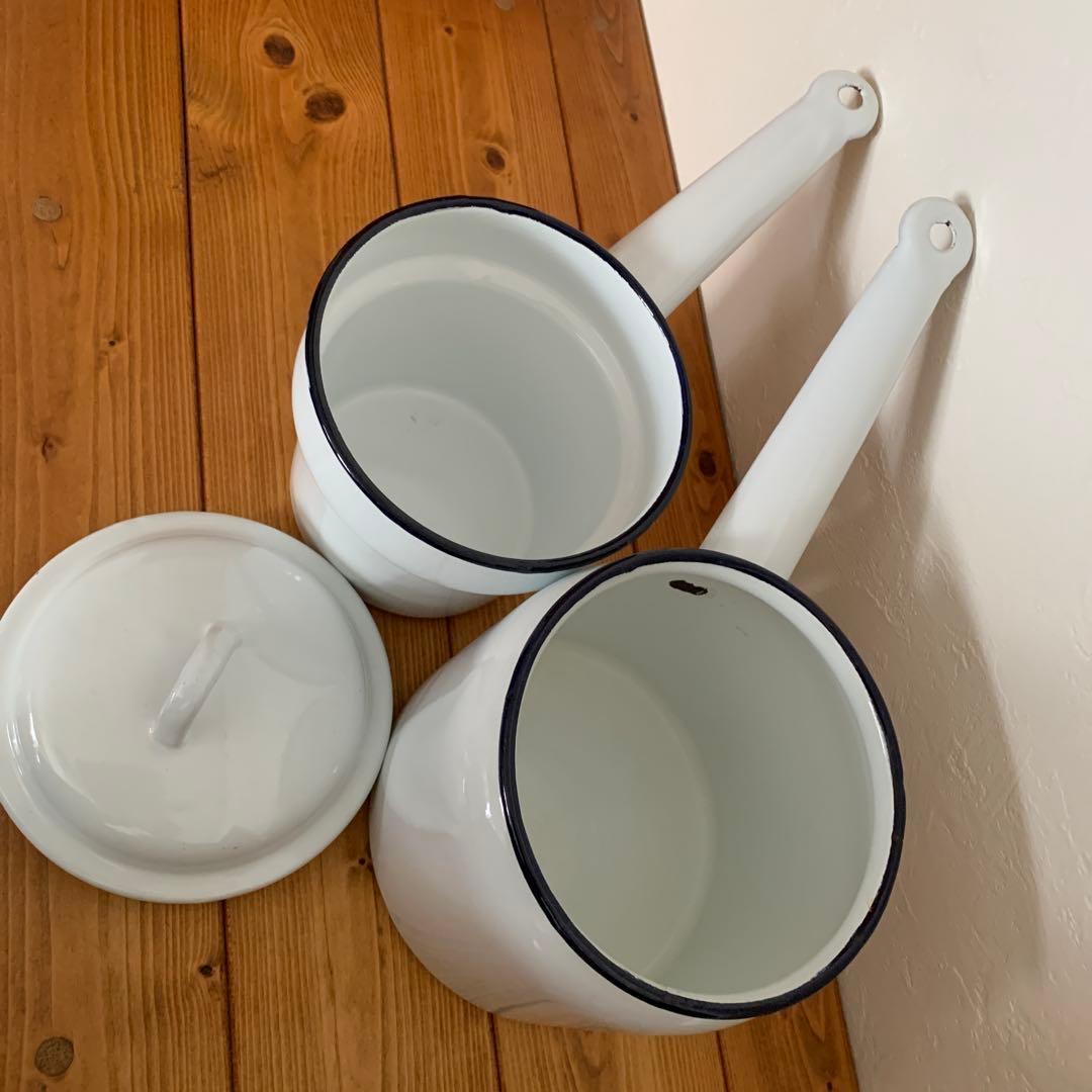 ホーロー蓋付きホワイト二重鍋　ダブルボイラー　アンティーク　カントリー雑貨