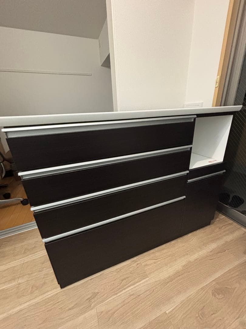 キッチンカウター　キッチンボード 食器棚 4段引き出し付き　ダークブラウン