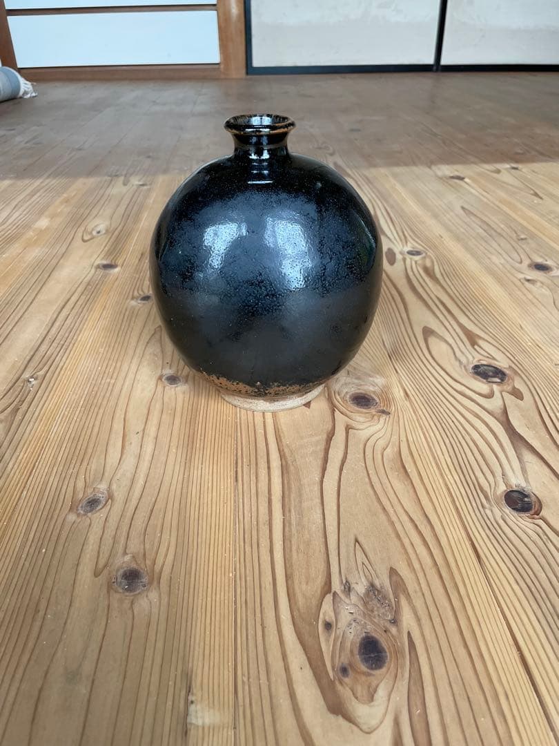 【島根・出西窯】黒釉 丸壺 花瓶（高さ18.5cm）民藝 柳宗悦