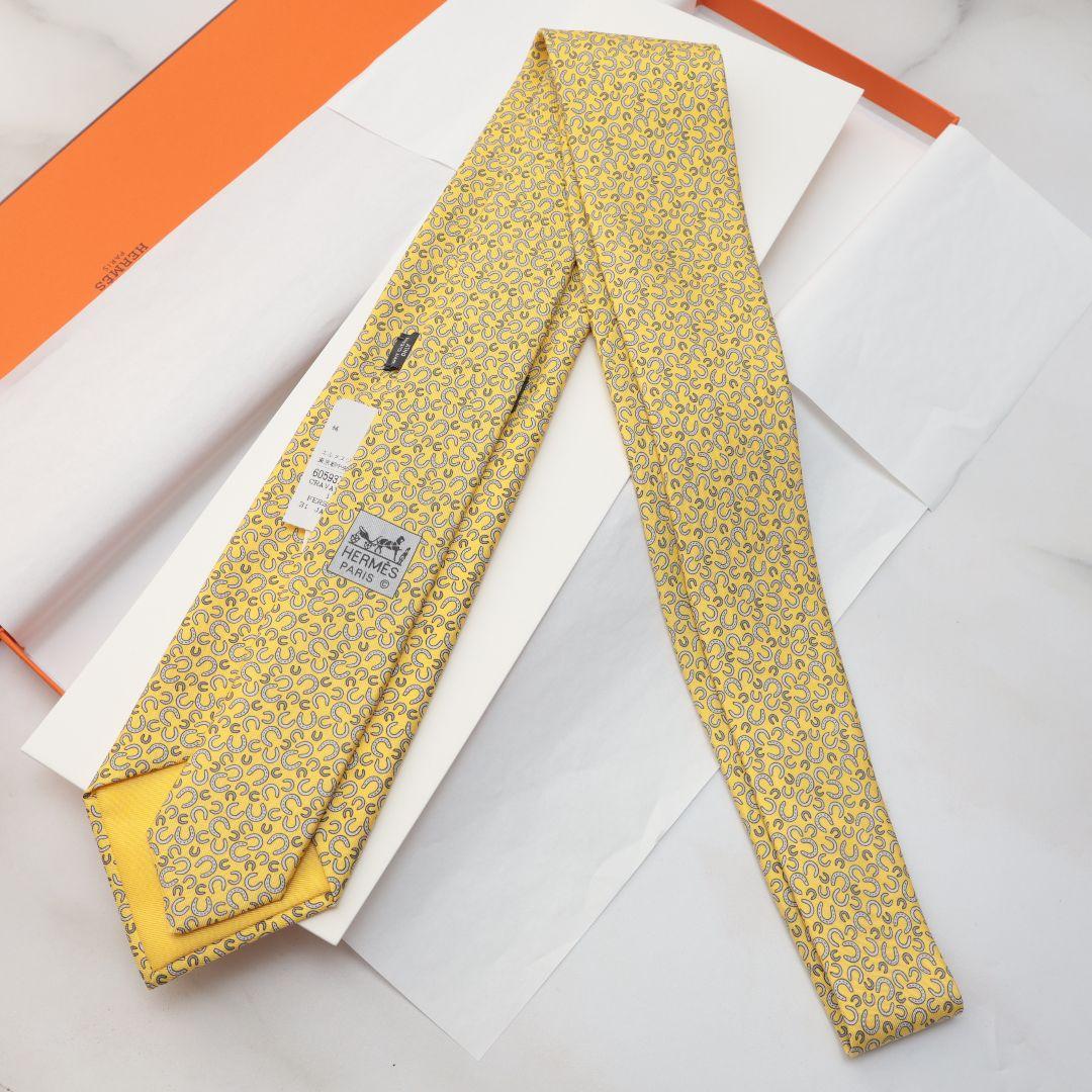 未使用 HERMES エルメス イエロー シルク ネクタイ 模様入り