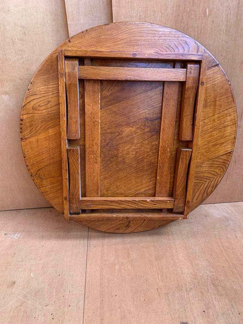 MoeMoe　古い木味の丸ちゃぶ台　折り畳み収納式　古家具